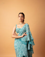 Load image into Gallery viewer, Teal (pre stitched)Printed Frill Sari + Embroidered Blouse