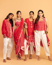 Load image into Gallery viewer, Red draped saree set - (with sleeveless blouse)