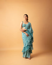 Load image into Gallery viewer, Teal (pre stitched)Printed Frill Sari + Embroidered Blouse