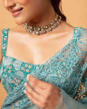Load image into Gallery viewer, Teal (pre stitched) Embroidered Frill Sari + Embroidered Blouse