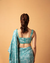Load image into Gallery viewer, Teal (pre stitched)Printed Frill Sari + Embroidered Blouse