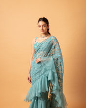 Load image into Gallery viewer, Teal (pre stitched) Embroidered Frill Sari + Embroidered Blouse