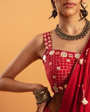 Load image into Gallery viewer, Red draped saree set - (with sleeveless blouse)