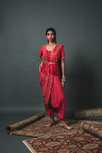 Load image into Gallery viewer, Red Solid blouse + Low crotch pants + Bandhani draped dupatta