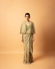 Load image into Gallery viewer, Green Printed Stitched Sari + Blouse + Gilet
