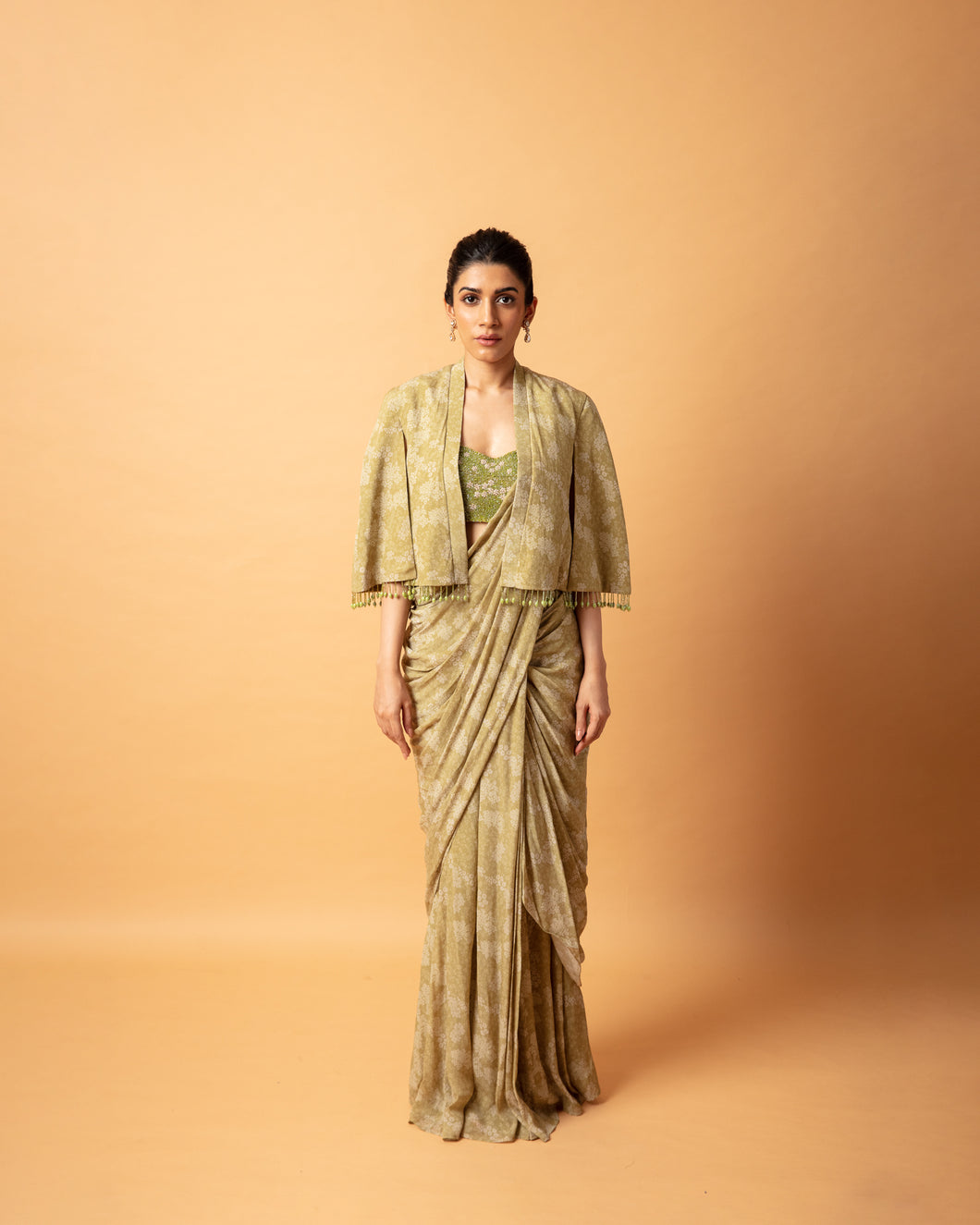 Green Printed Stitched Sari + Blouse + Gilet