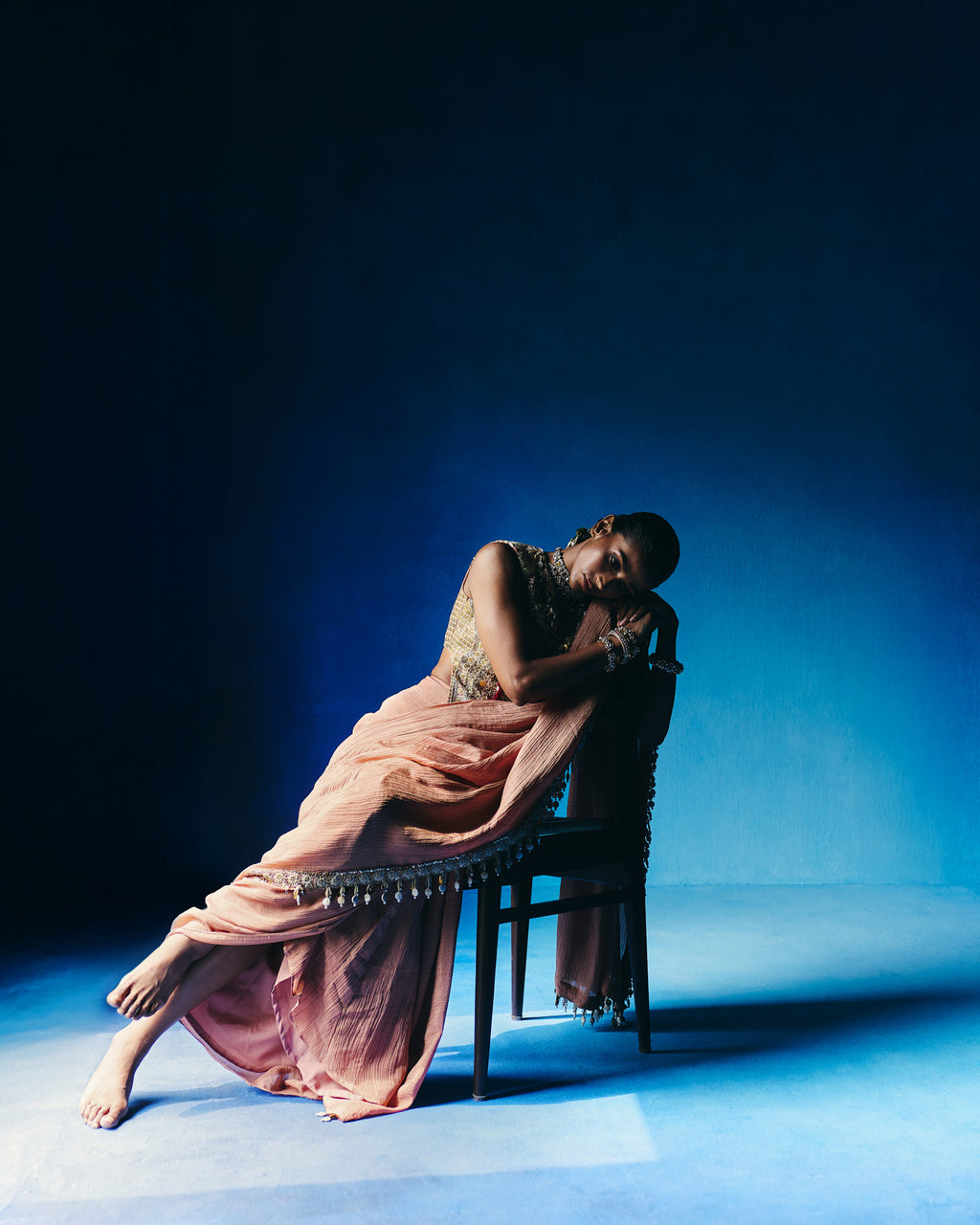 Peach stitched saree