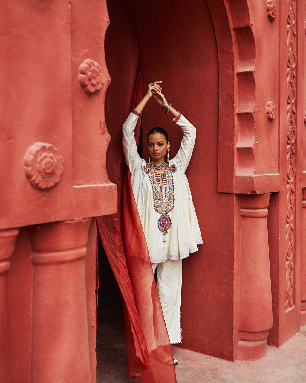 Ivory Peplum Top (colourful work)  & Slit Pants