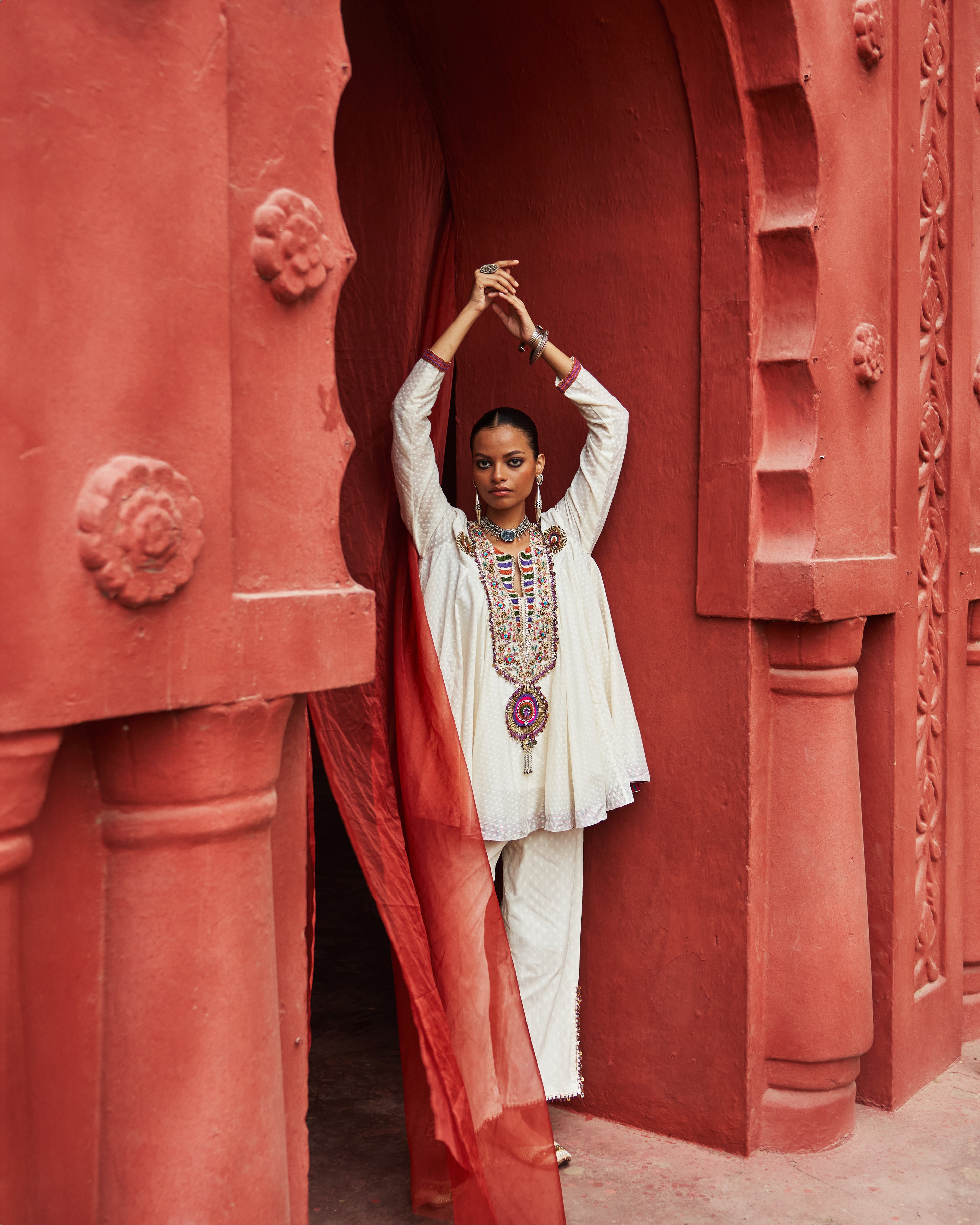 Ivory Peplum Top (colourful work)  & Slit Pants