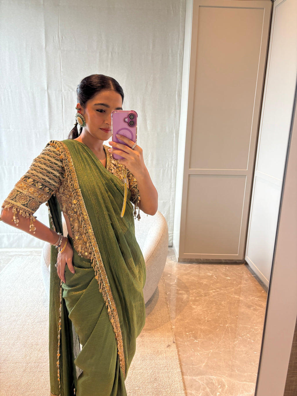 Gold corset style blouse-saree set