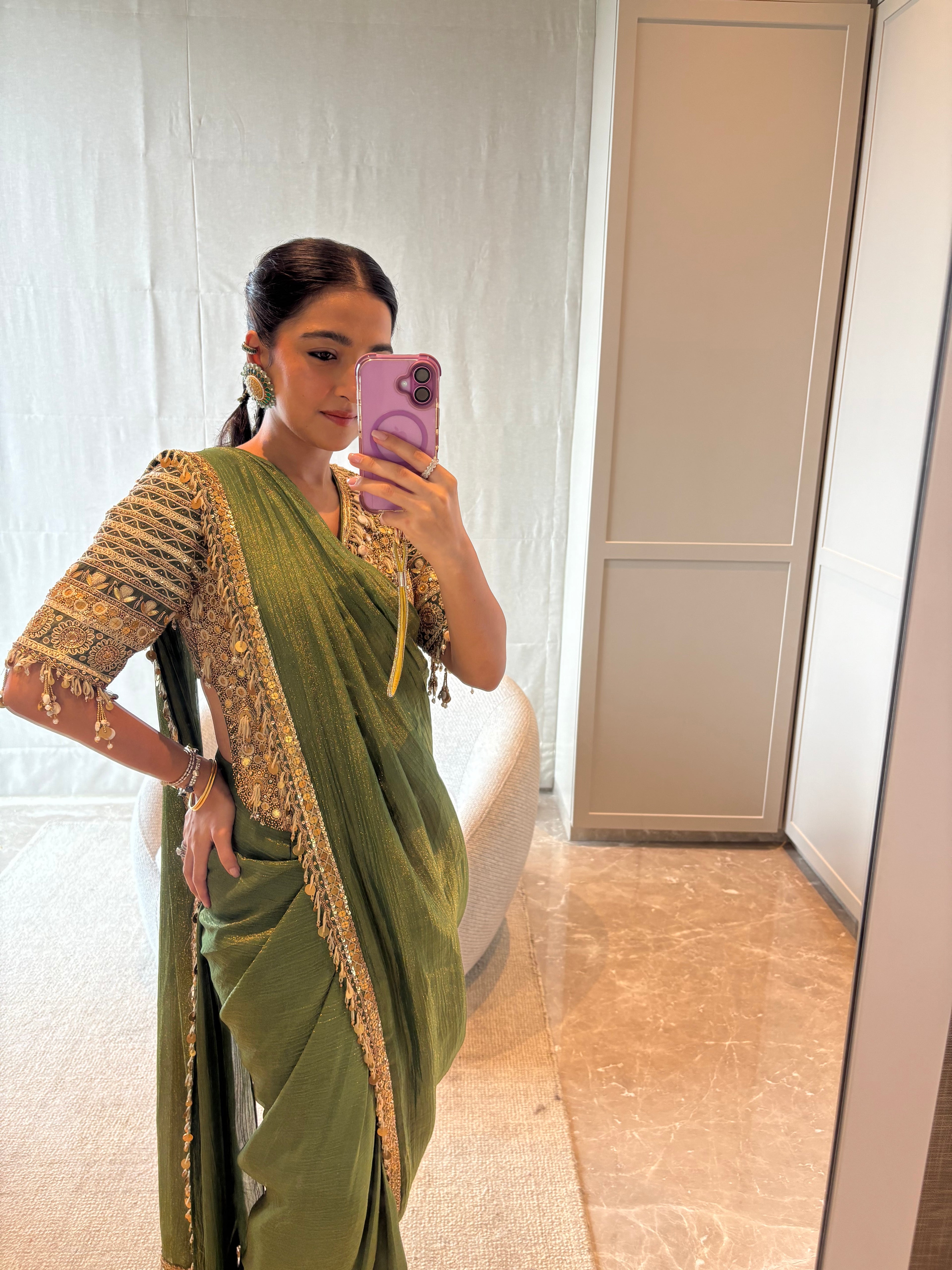 Gold corset style blouse-saree set