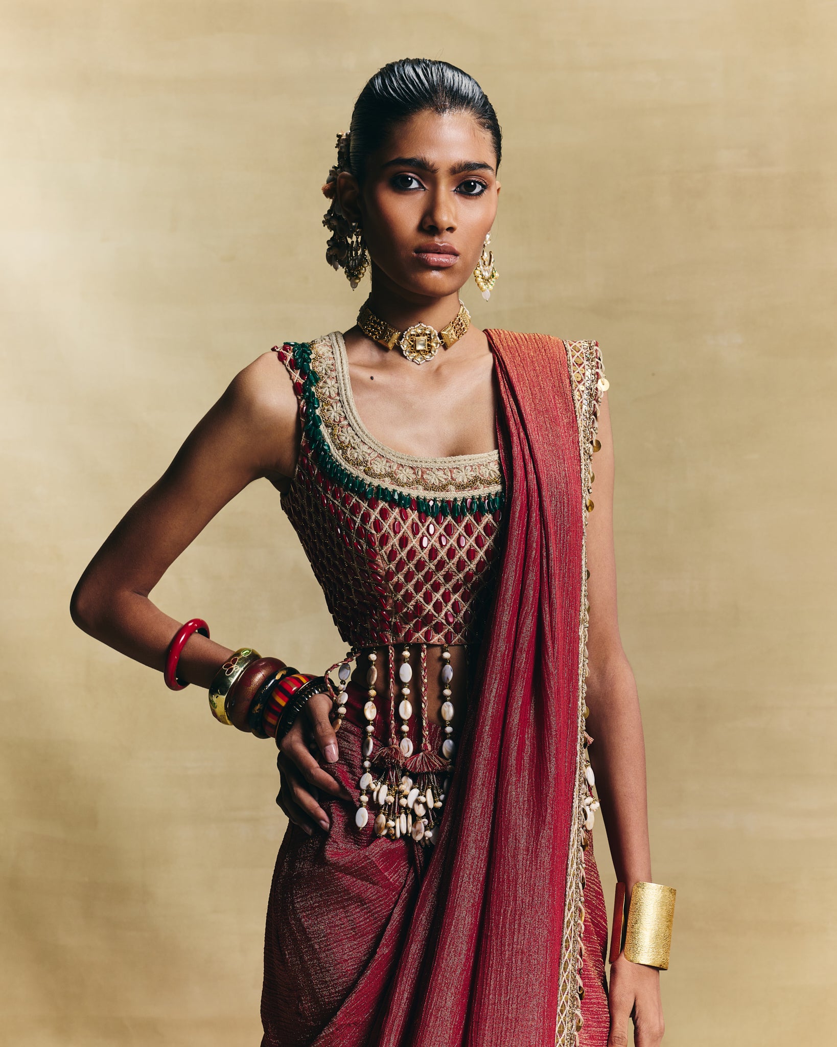 Red lovely blouse with stitched saree