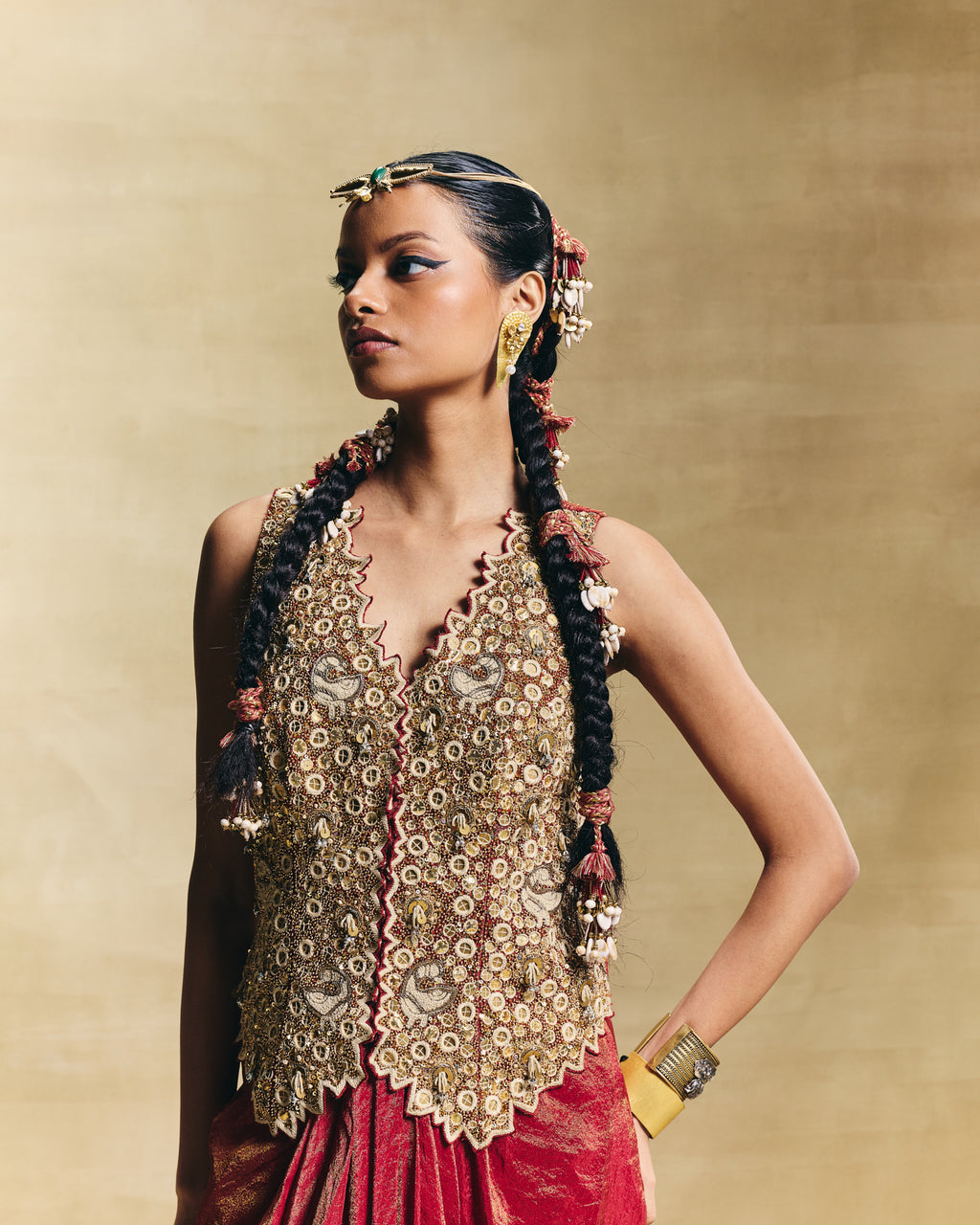 Red waistcoat & draped skirt