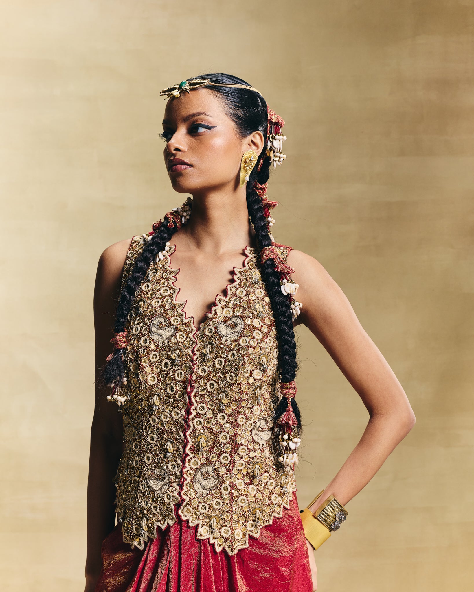Red waistcoat & draped skirt