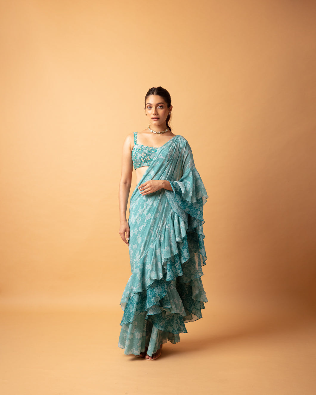 Teal (pre stitched)Printed Frill Sari + Embroidered Blouse