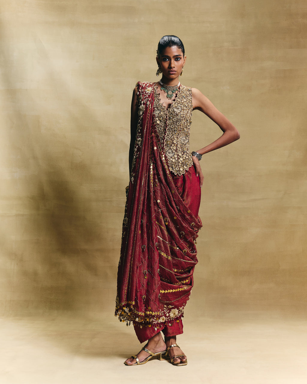 Red waistcoat saree set