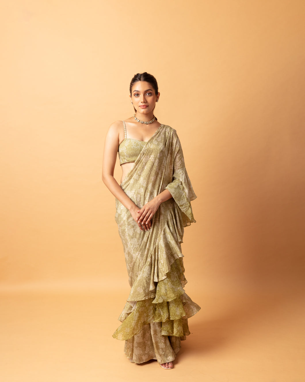 Green (pre stitched) Printed Frill Sari + Printed Blouse