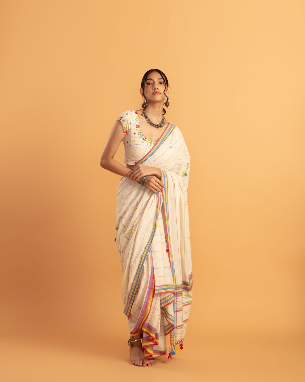 Beige draped saree set - (with short sleeve blouse)