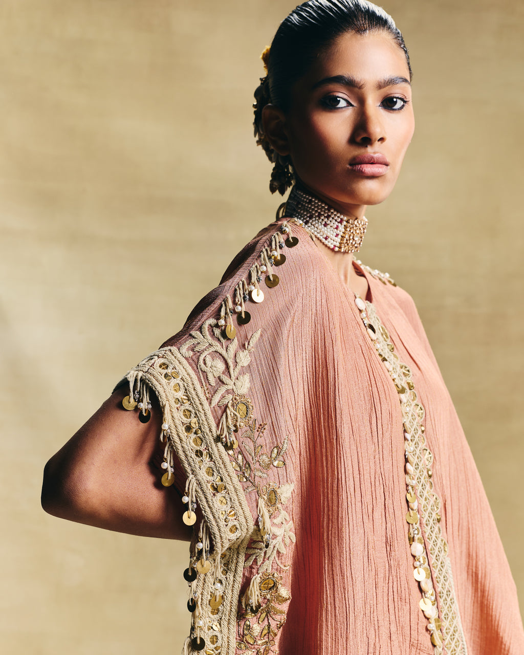 Peach kaftan top & draped skirt