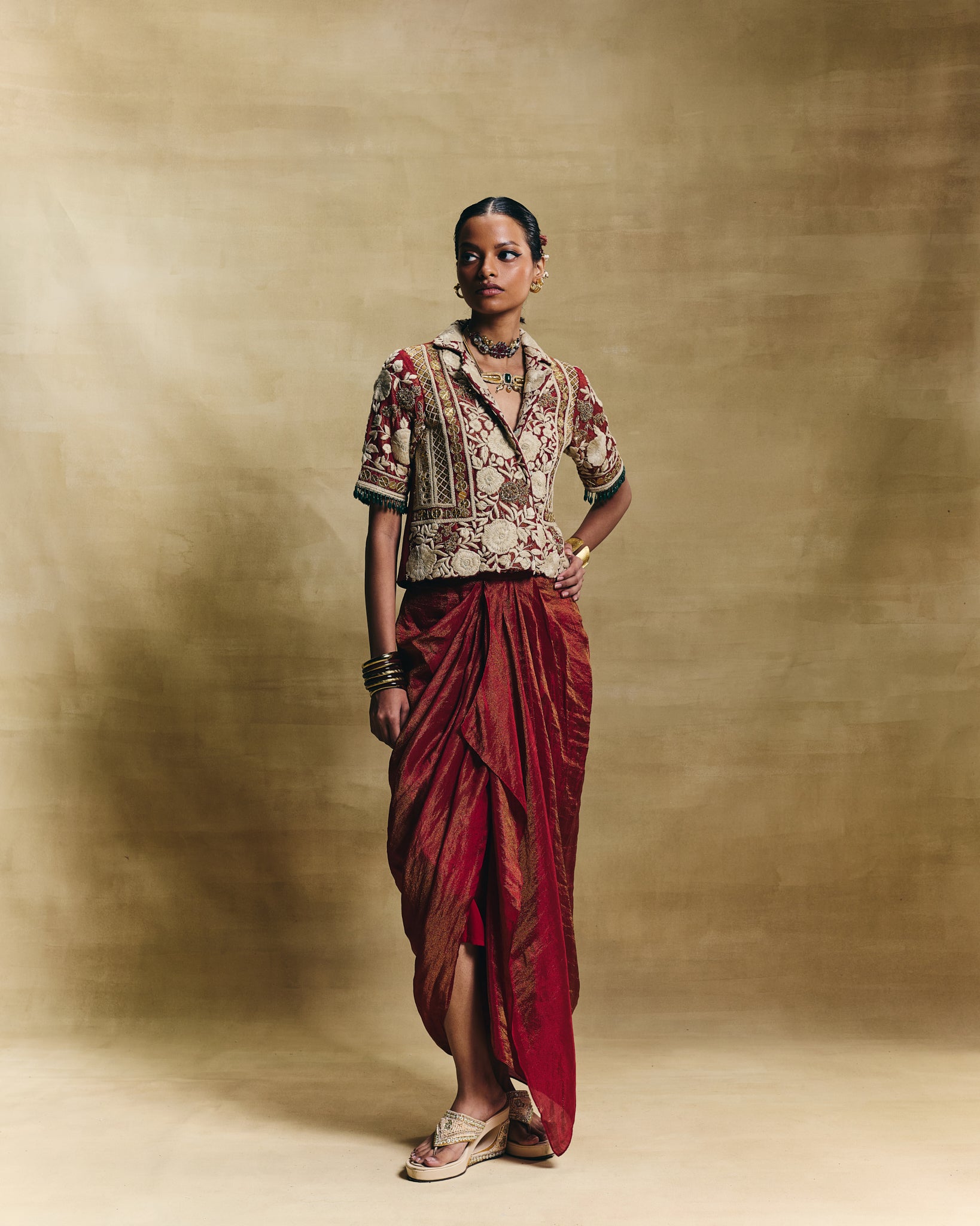 Red blazer with draped skirt
