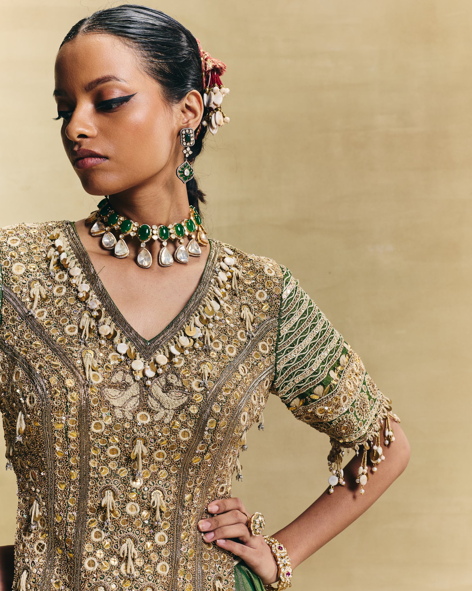 Gold corset style blouse-saree set