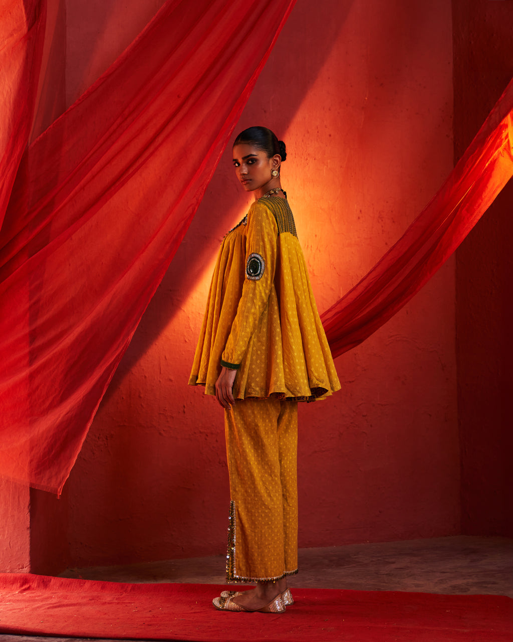 Mustard Peplum Top & Slit Pants