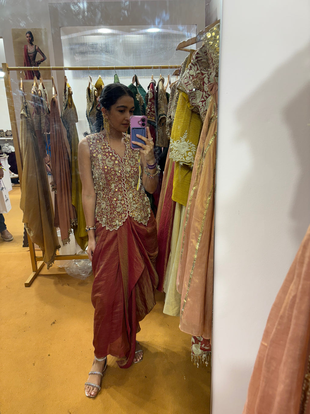 Red waistcoat & draped skirt