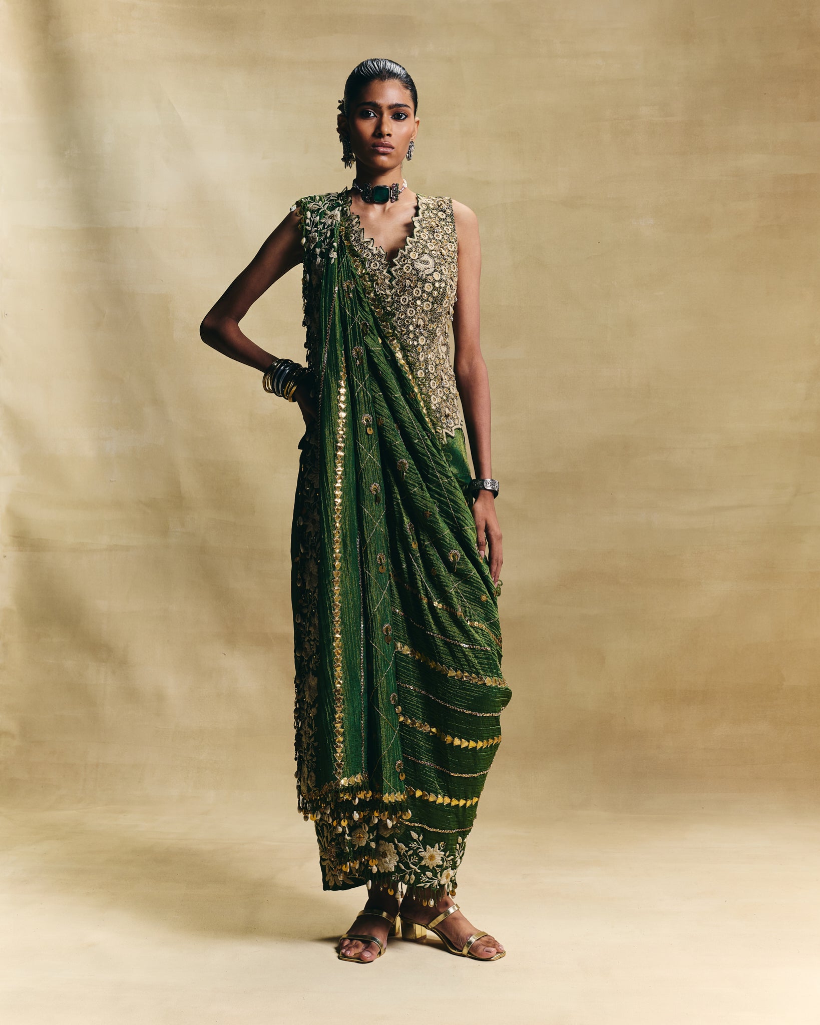 Green waistcoat saree set