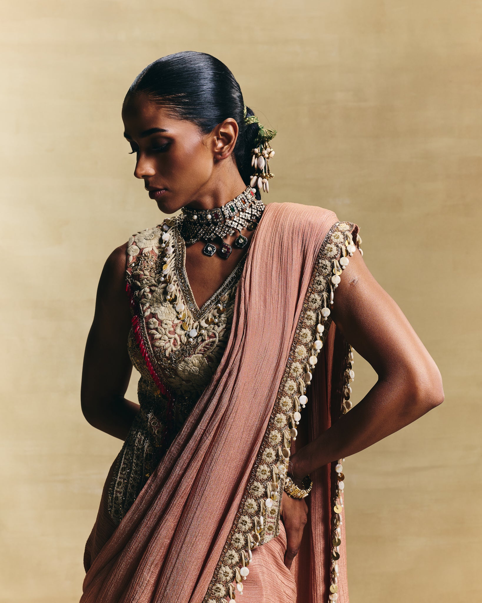Peach stitched saree