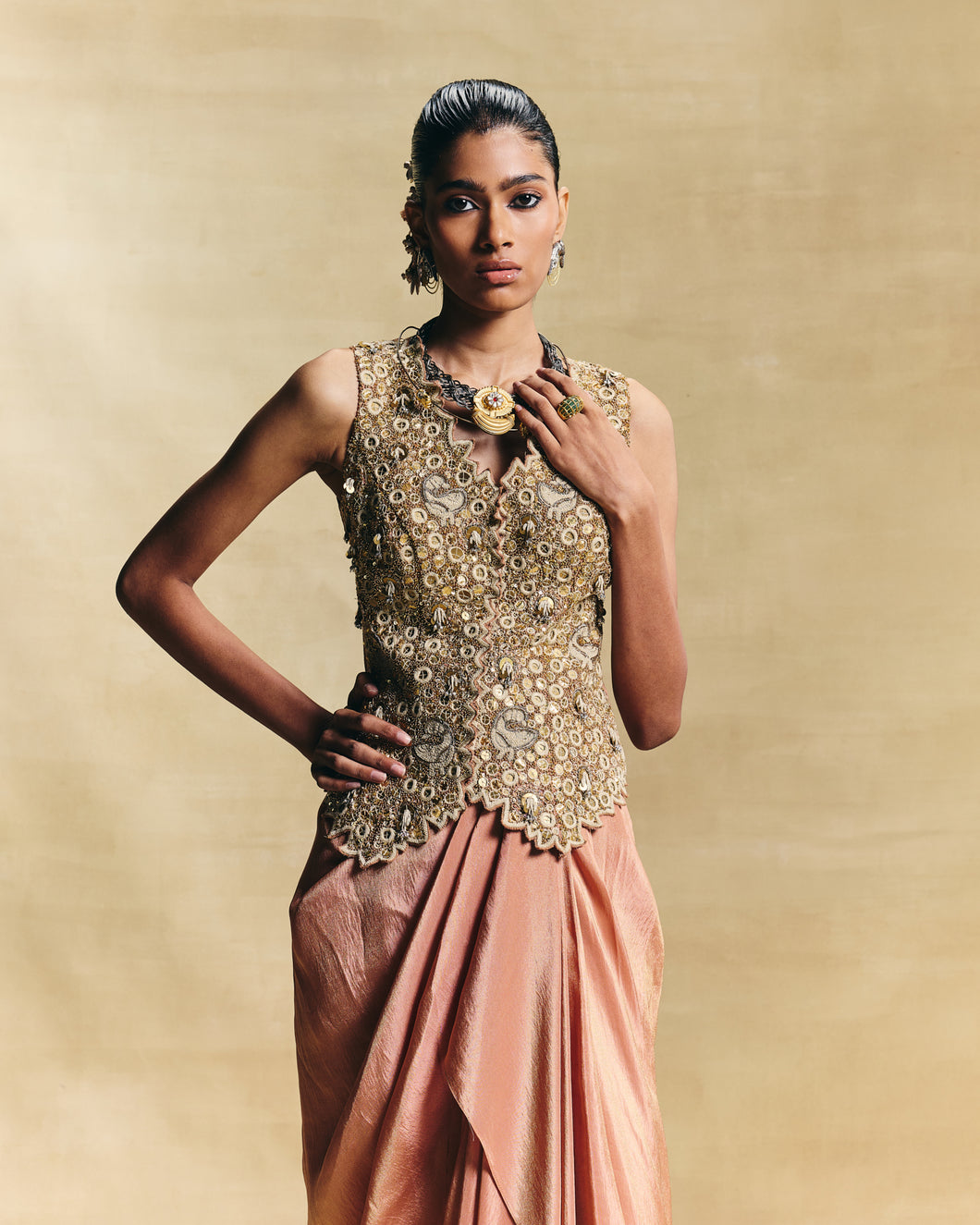 Peach waistcoat & draped skirt