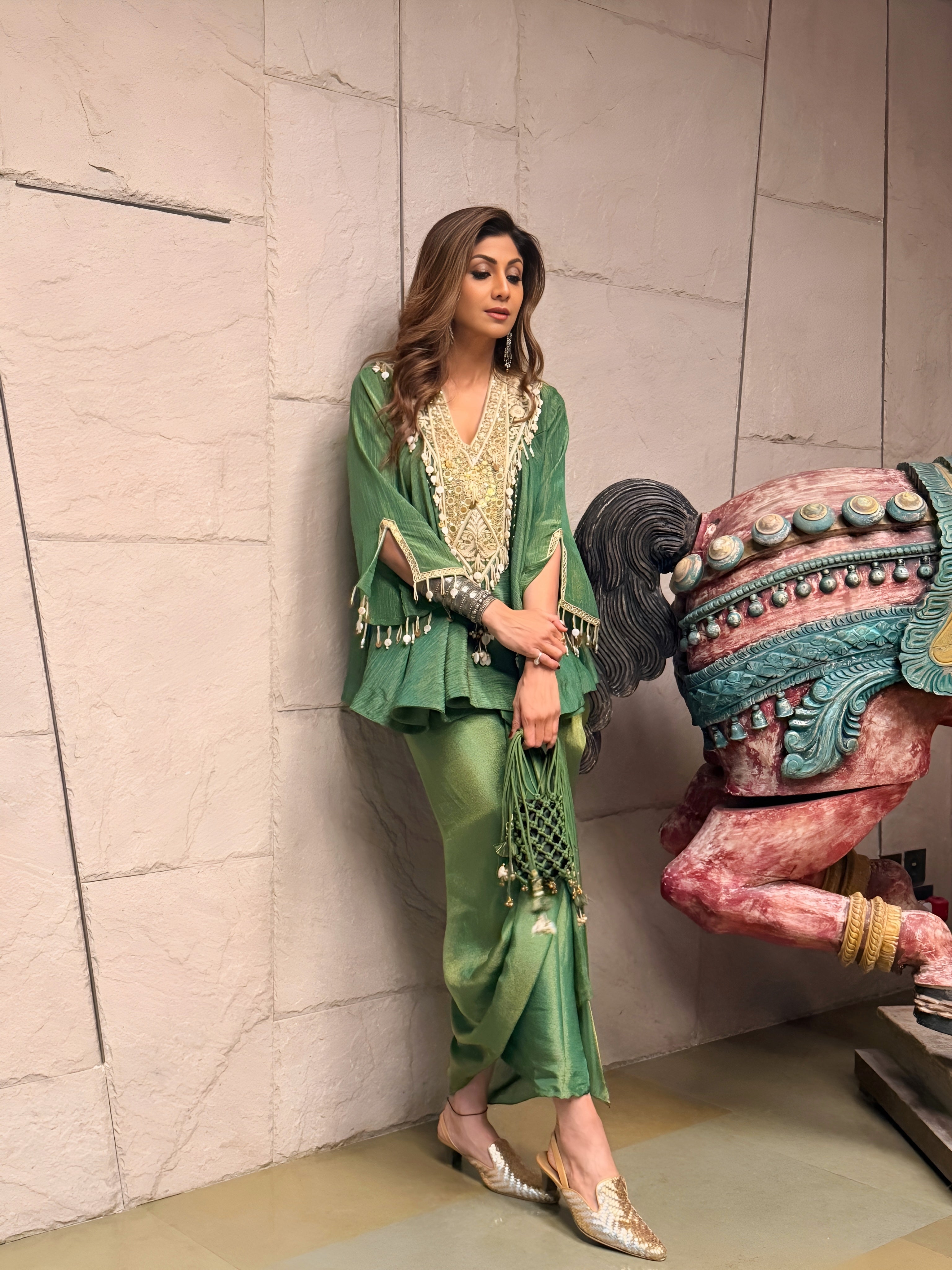 Green Peplum & Draped Skirt