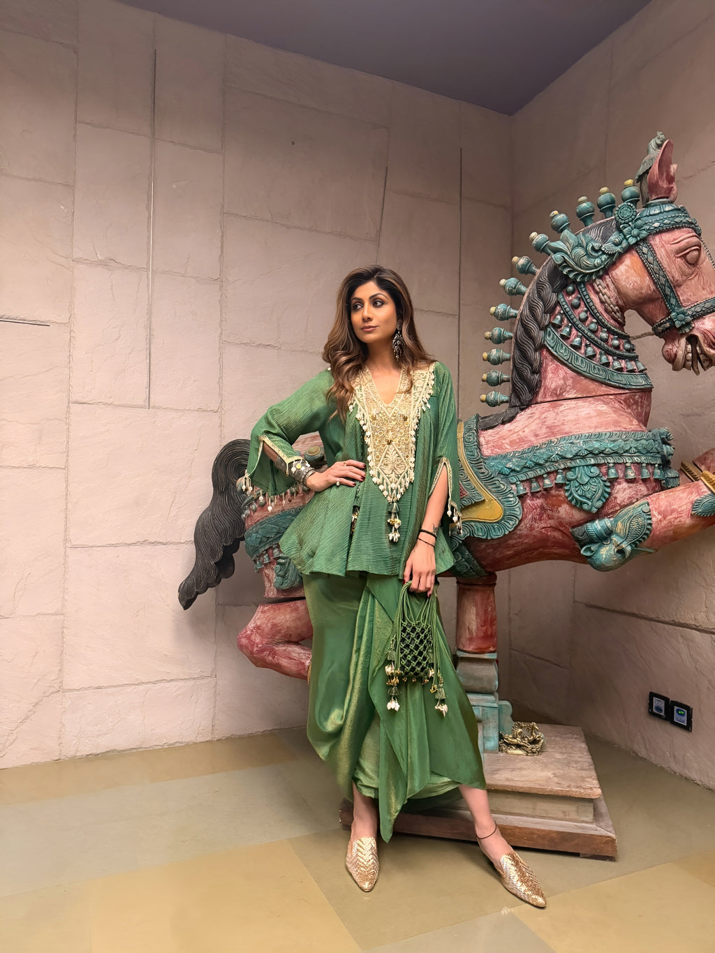 Green Peplum & Draped Skirt