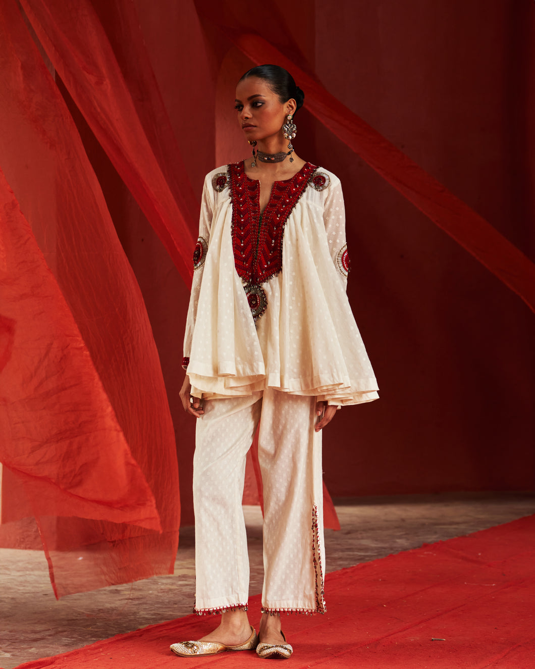Ivory Peplum Top (Red work) & Slit Pants