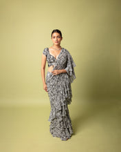 Load image into Gallery viewer, Black n white (pre stitched) &amp; Printed Frill Sari + Embroidered Blouse
