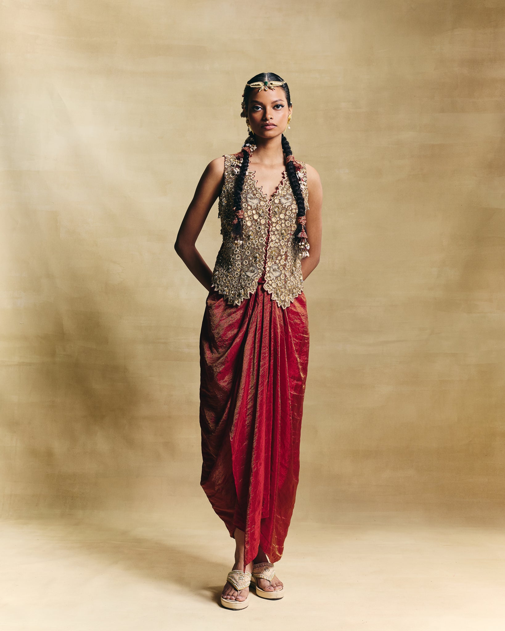 Red waistcoat & draped skirt