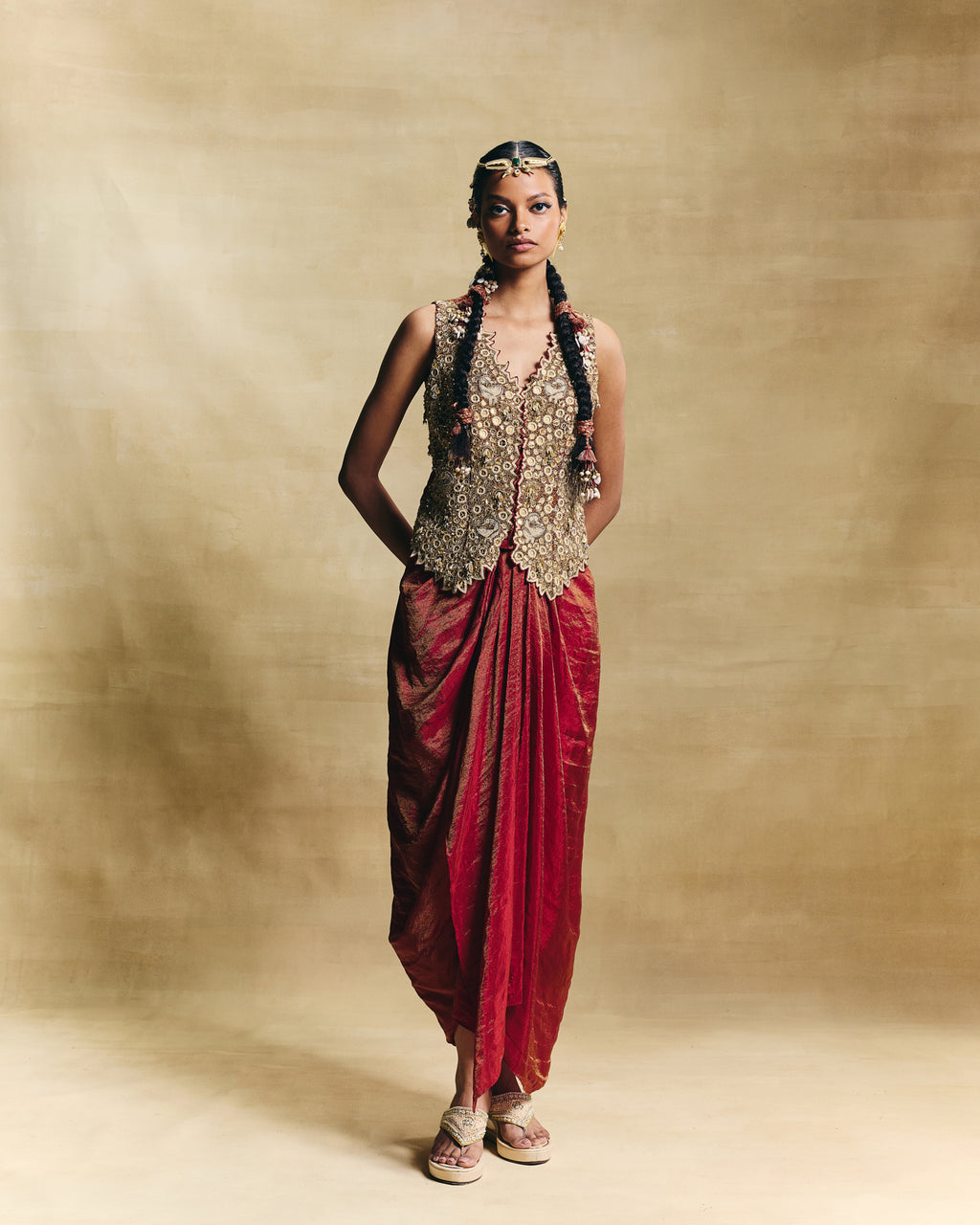 Red waistcoat & draped skirt
