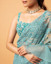 Load image into Gallery viewer, Teal (pre stitched) Embroidered Frill Sari + Embroidered Blouse
