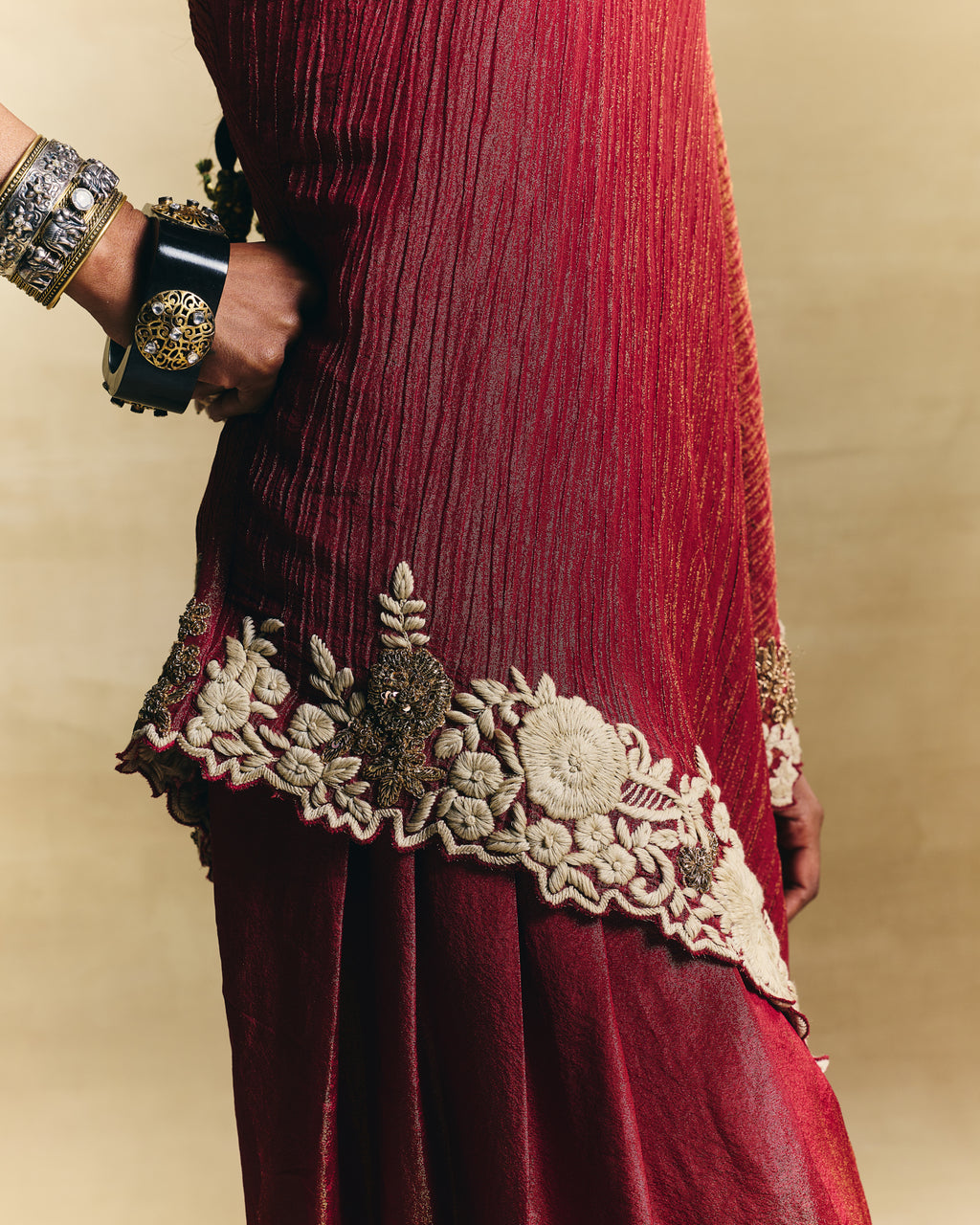 Red one shoulder top with farshi pants
