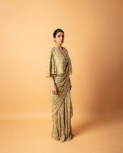 Load image into Gallery viewer, Green Printed Stitched Sari + Blouse + Gilet
