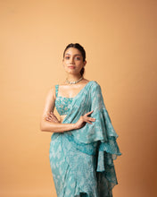Load image into Gallery viewer, Teal (pre stitched)Printed Frill Sari + Embroidered Blouse
