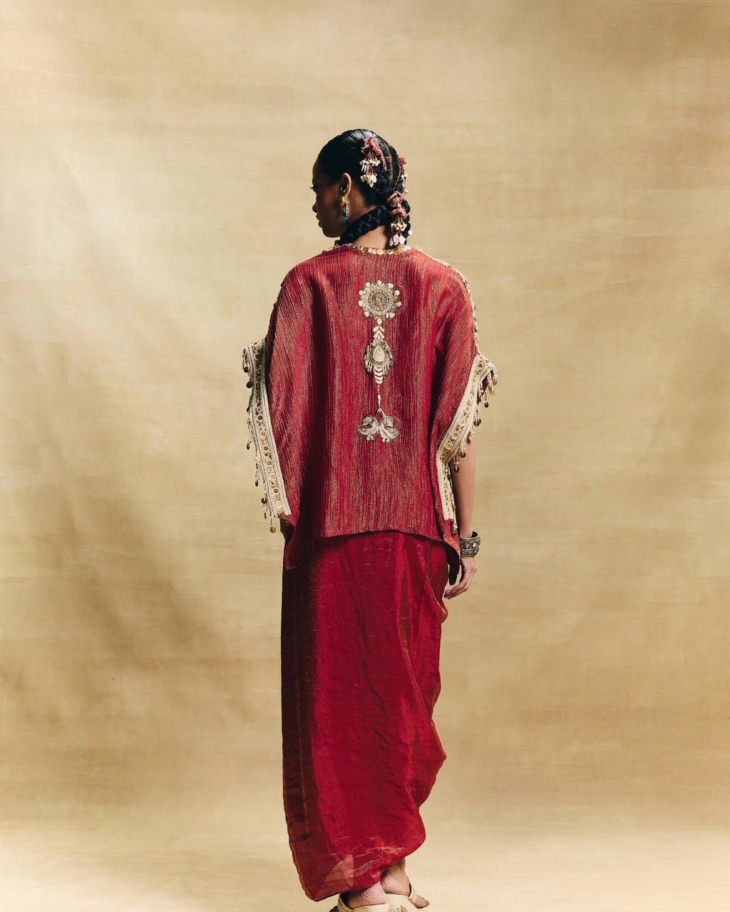 Red kaftan top & draped skirt