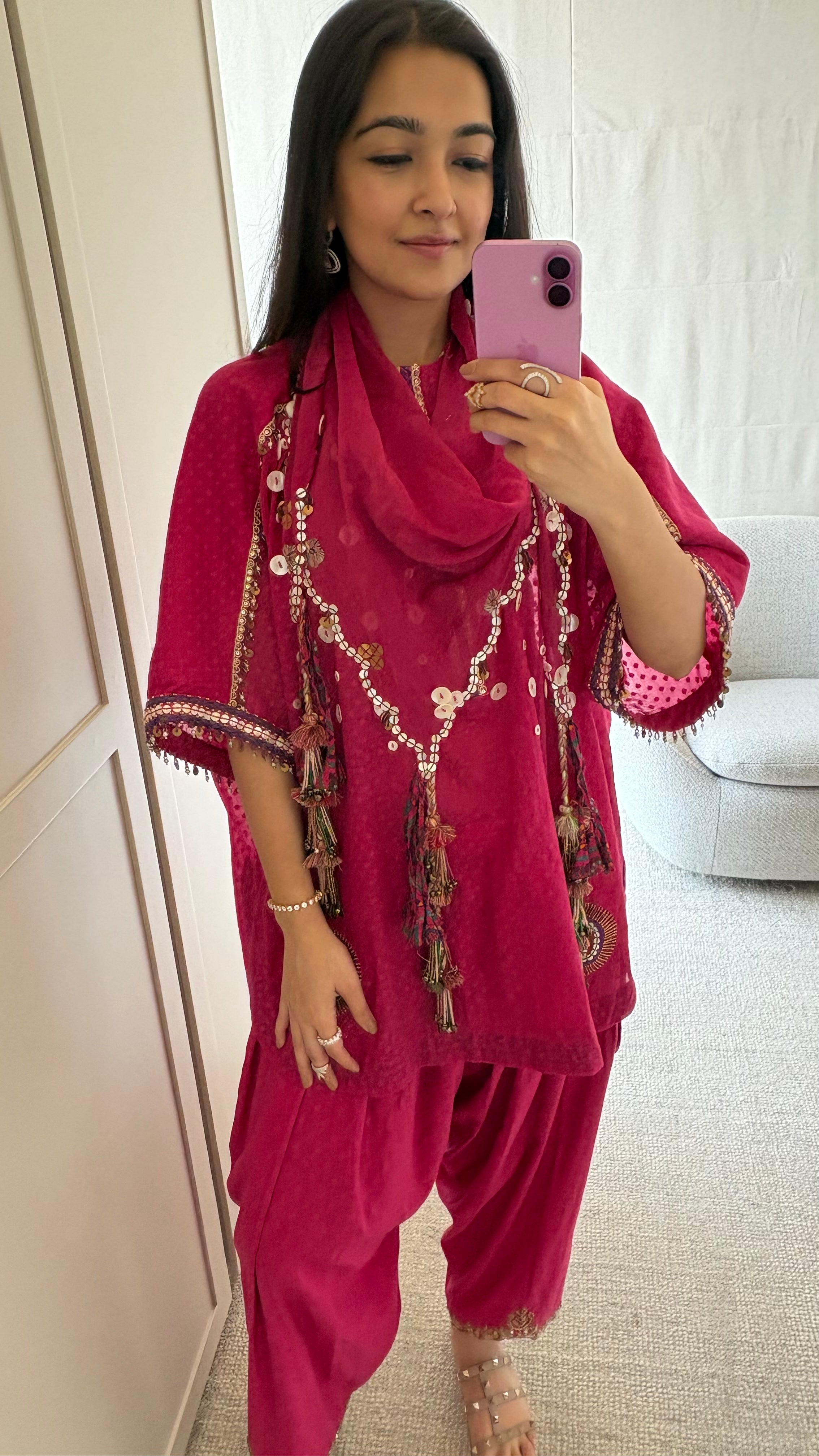 Pink Kaftan Kurta, Salwar & Scarf
