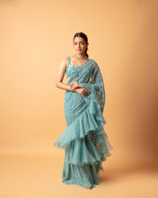Load image into Gallery viewer, Teal (pre stitched) Embroidered Frill Sari + Embroidered Blouse
