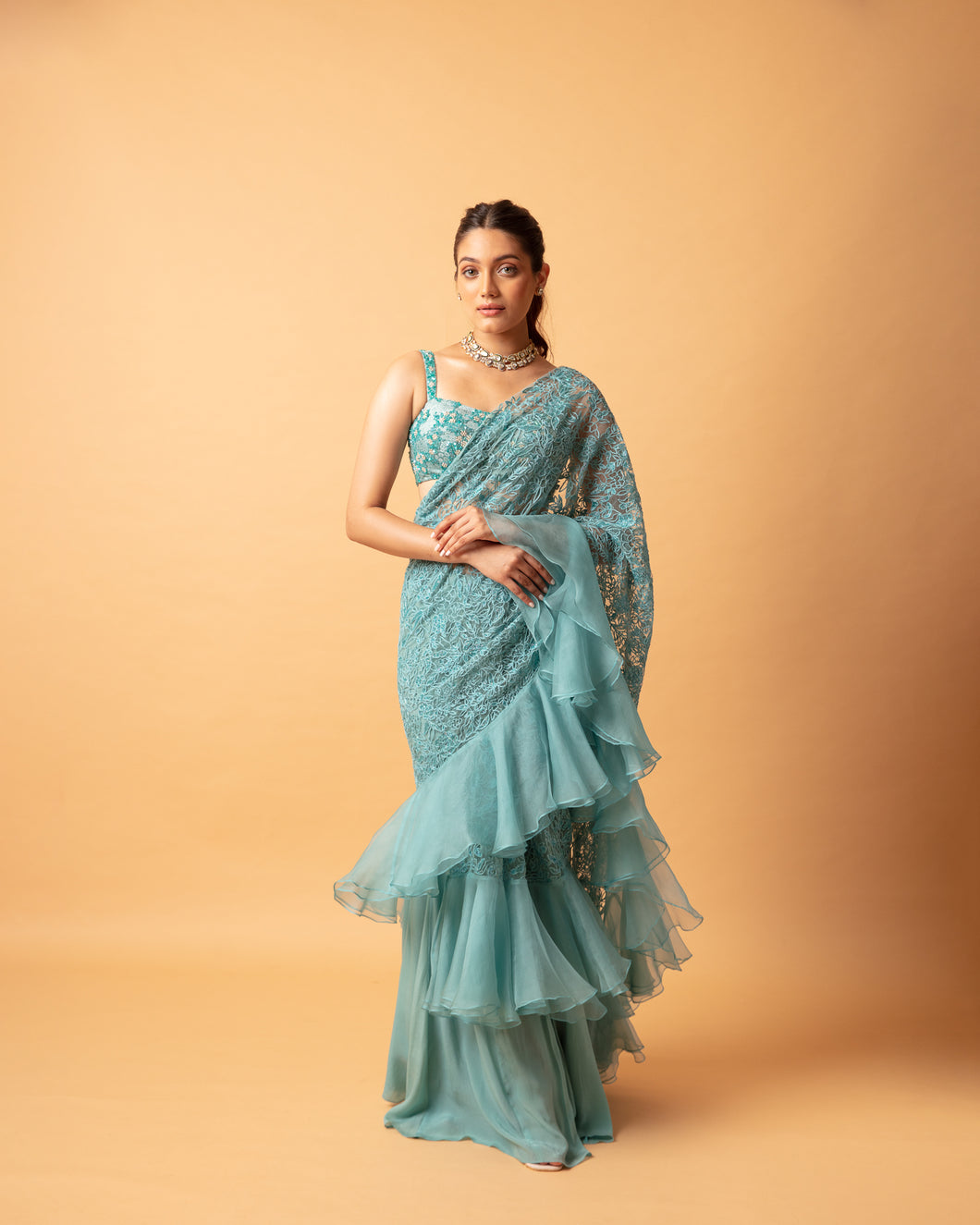 Teal (pre stitched) Embroidered Frill Sari + Embroidered Blouse