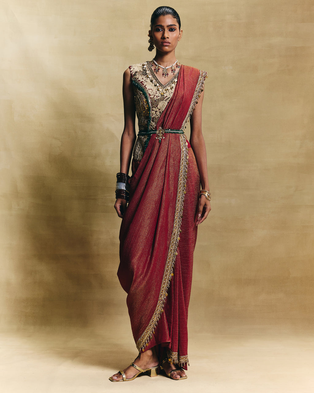 Red stitched saree set