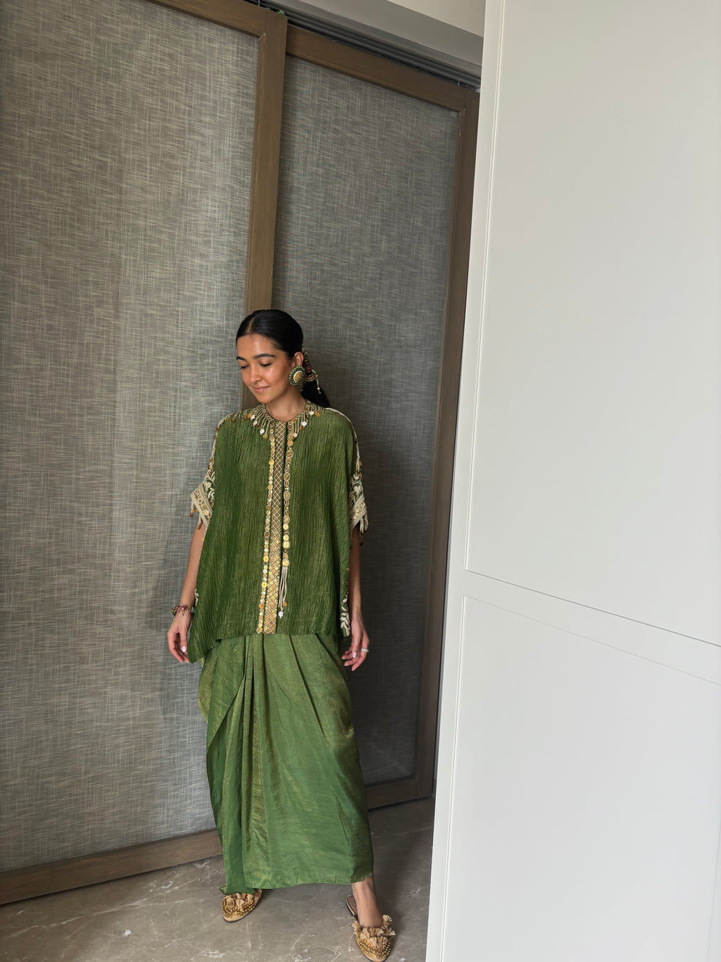 Green kaftan top & draped skirt