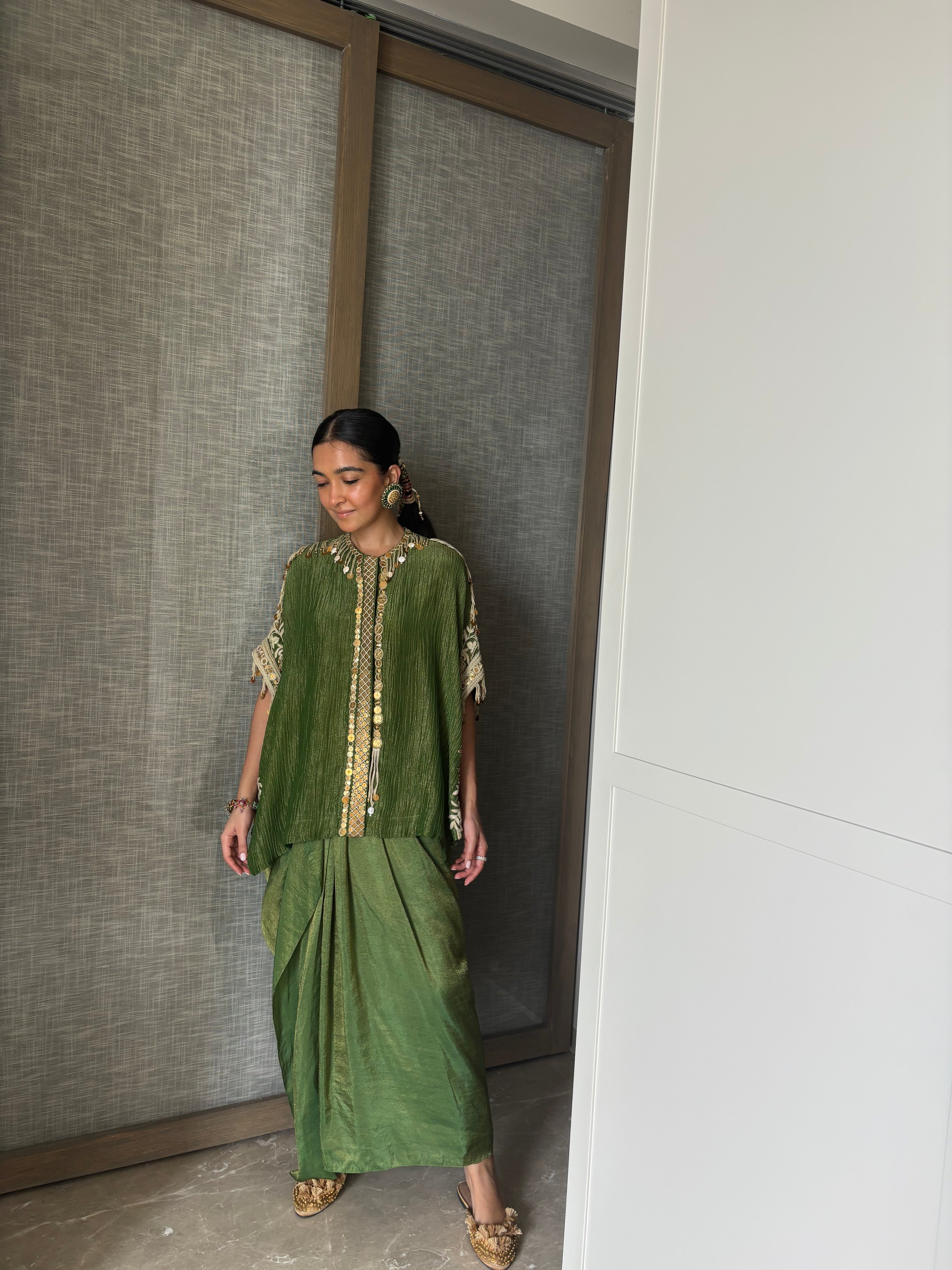 Green kaftan top & draped skirt
