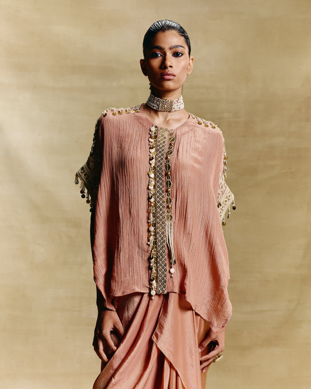 Peach kaftan top & draped skirt