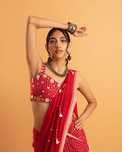 Load image into Gallery viewer, Red draped saree set - (with sleeveless blouse)
