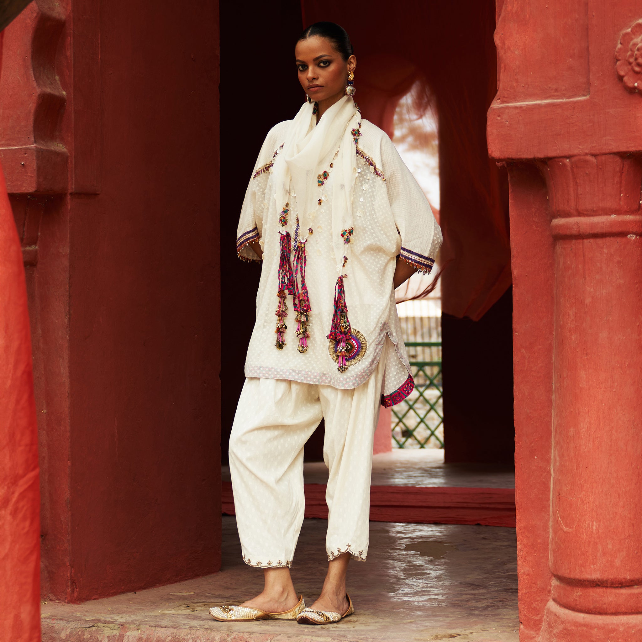 Ivory Short Kaftan Kurta, Salwar & Scarf